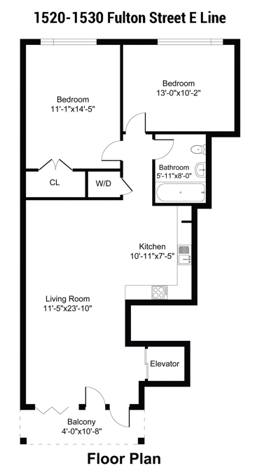 Floor plan for 2 beds, 1 bath, 785 sqft